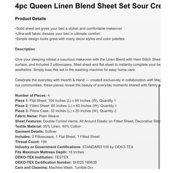 Hearth & Hand Linen Blend Sour Cream Queen Bed Sheet Set 4 pc NEW IN BAG w/ TAGS - Picture 2 of 4